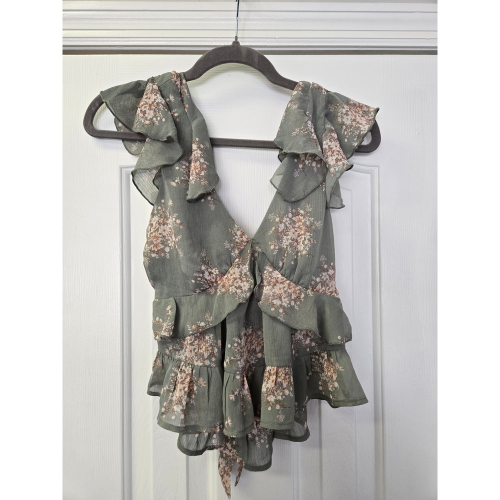 Trixxi Los Angeles Sage Green‎ Floral Ruffle Peplum Top XS Babydoll Cottagecore